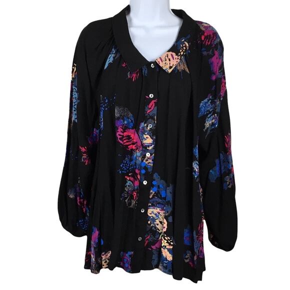 Free People Meadow Lark Tunic Blouse Boho Black Floral Print Women's S Button Up - Picture 1 of 12